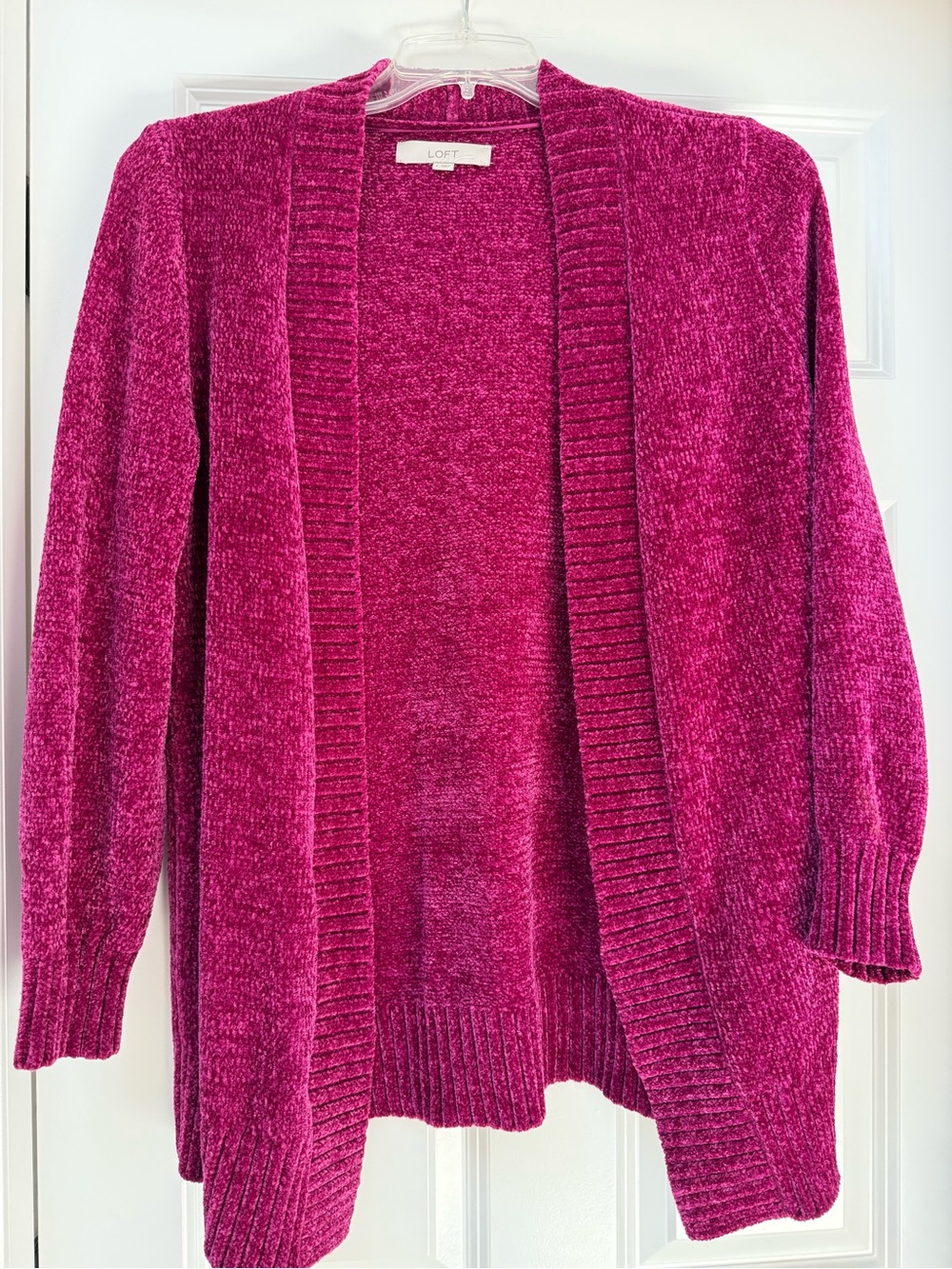 LOFT vibrant magenta/berry-colored open-front chenille cardigan size L